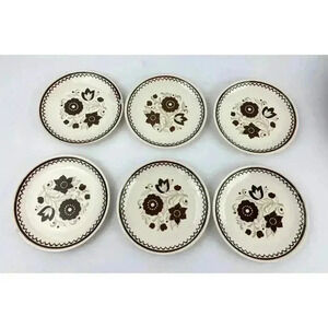 VTG‎ Set of 6 1970's Floral Dessert Plate Brown Tan Flowers 6"